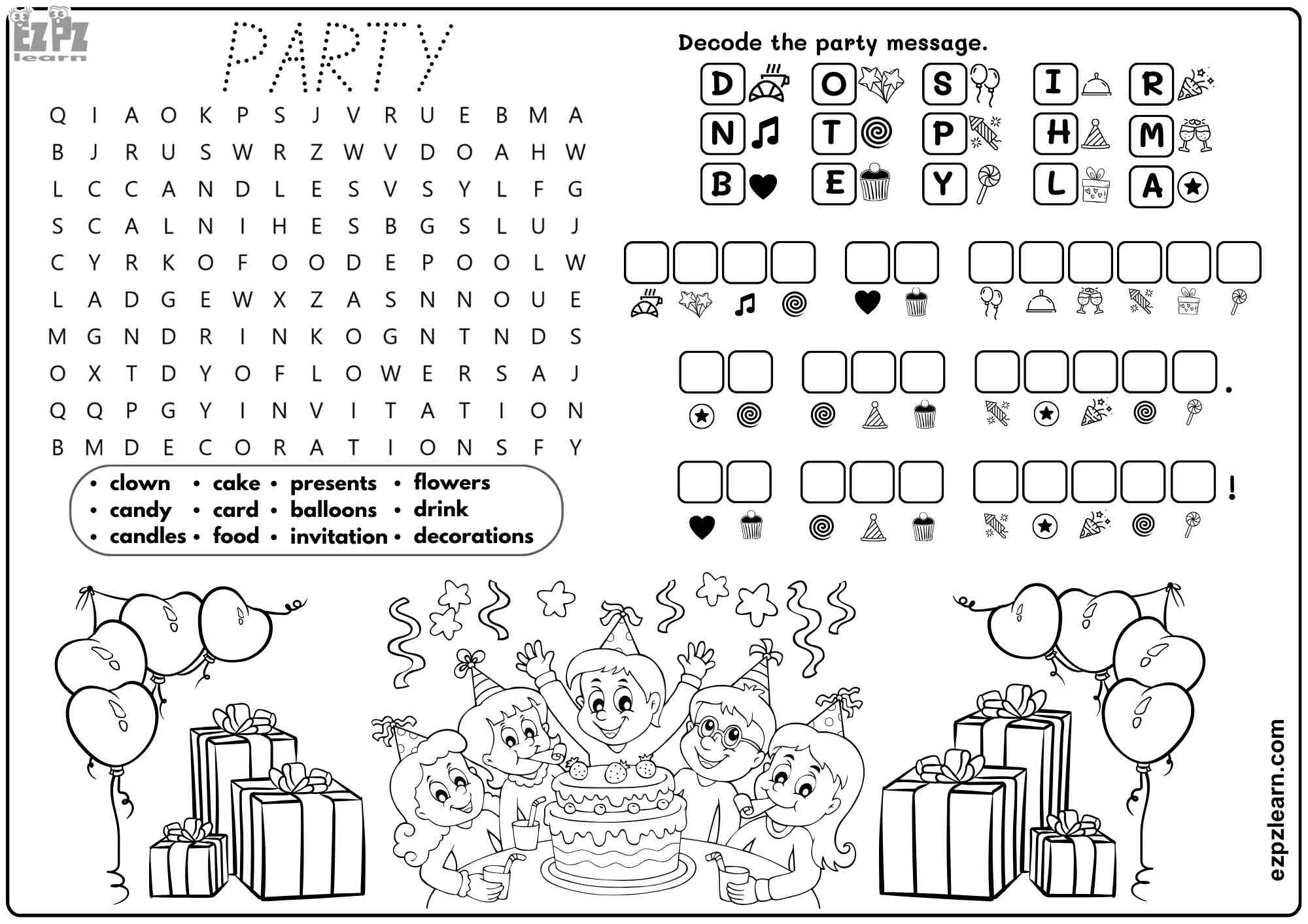 Party Vocabulary For Kids. Includes: Word Search, Coloring and Cryptography Activities. Free PDF Download